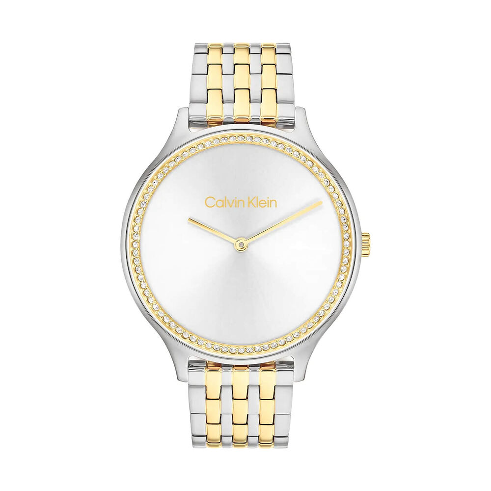 Calvin Klein Timeless 38mm Silver Dial Crystal Bezel Two Tone Steel Bracelet Watch image number 0