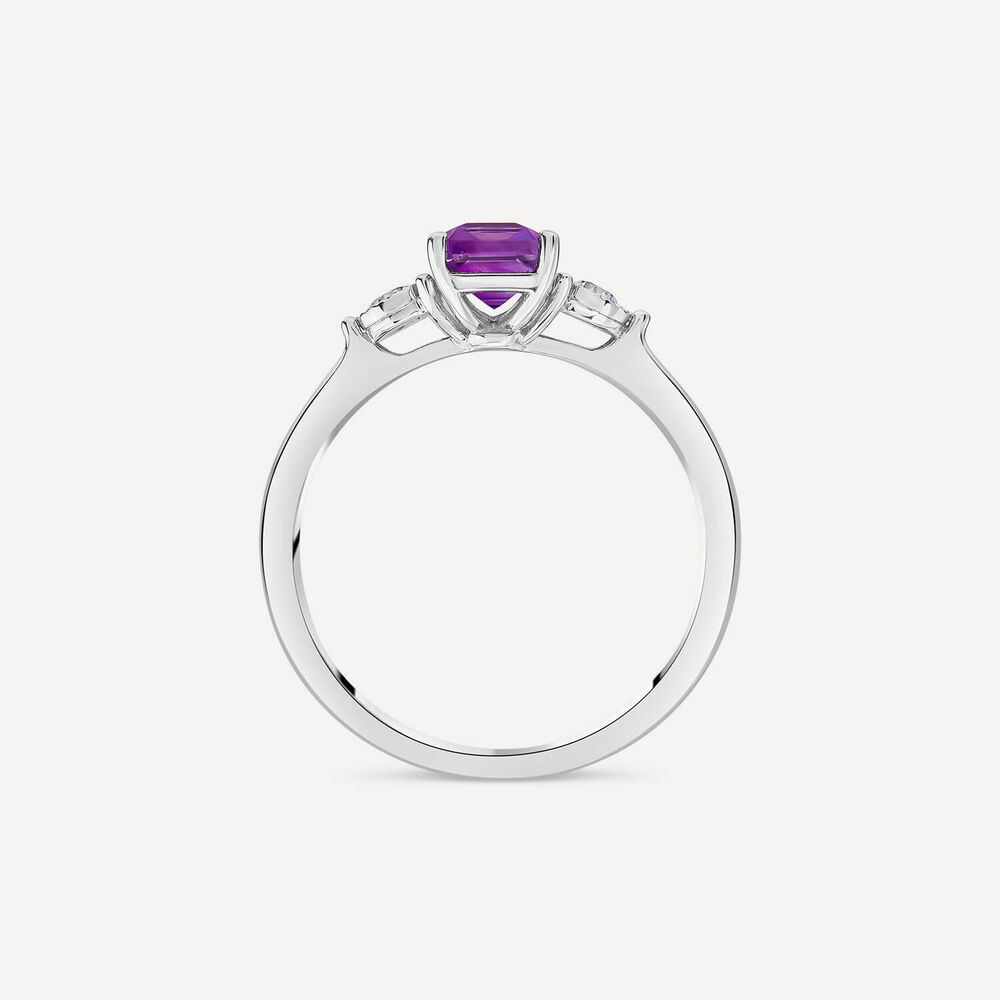 9ct White Gold Princess Cut Amethyst 0.12ct Diamond Sides Ring image number 3