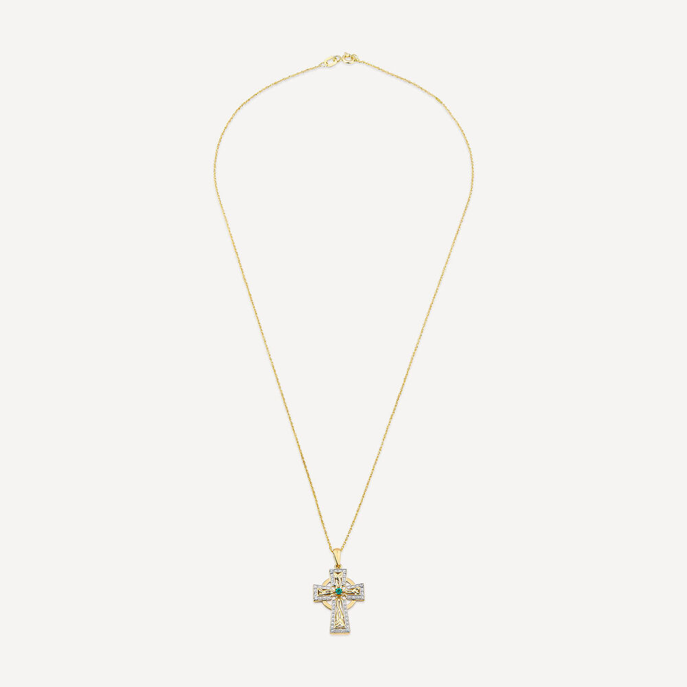 14ct Yellow Gold Diamond & Emerald Celtic Cross Pendant image number 2