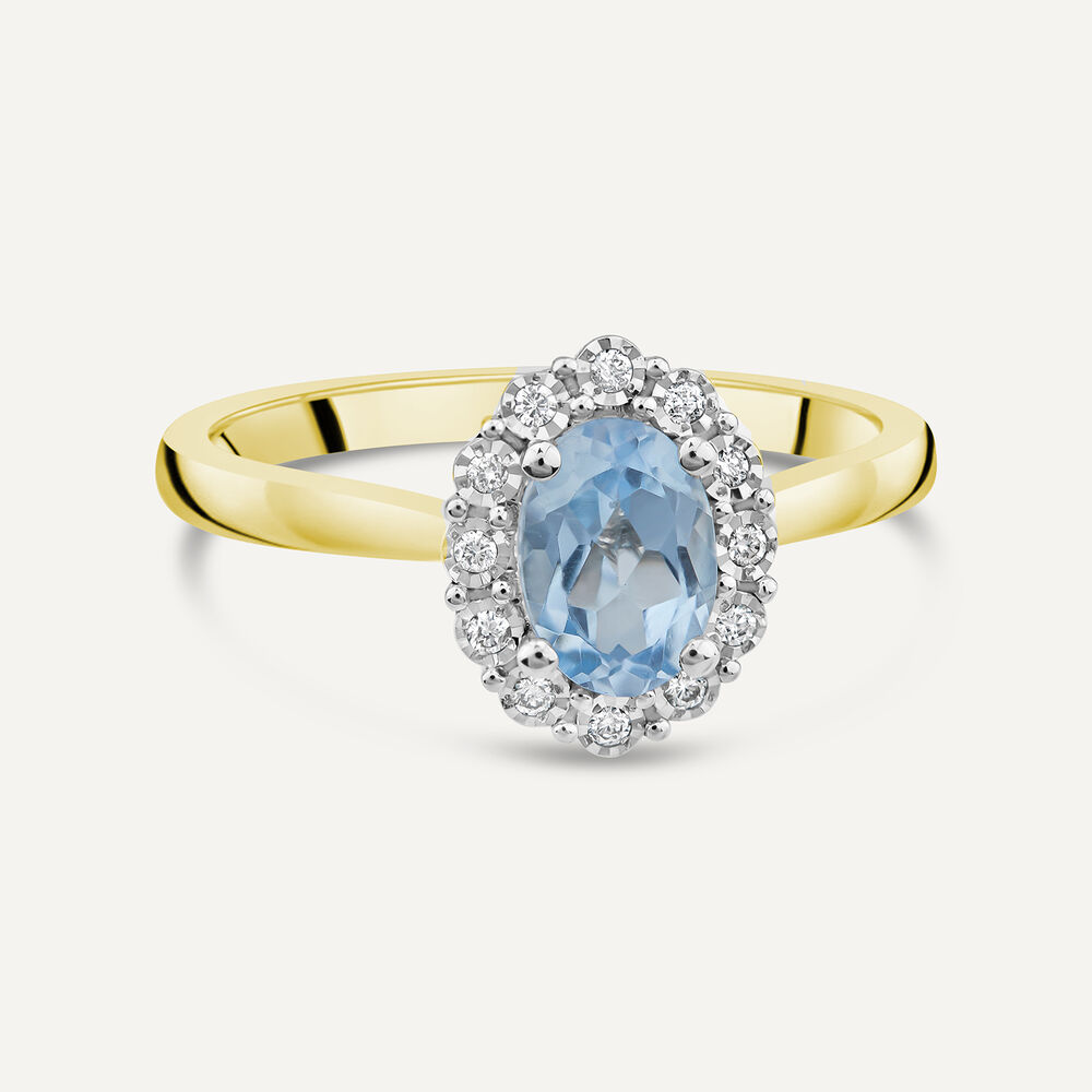 9ct Yellow Gold Oval Blue Topaz Centre 0.05ct Diamond Cluster Polished Band Ring image number 2