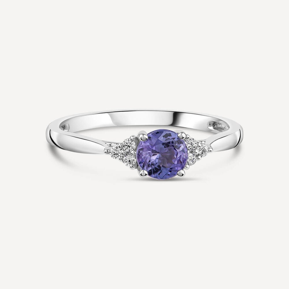 9ct White Gold Round Tanzanite & 0.05ct Trefoil Diamond Sides Ring image number 2
