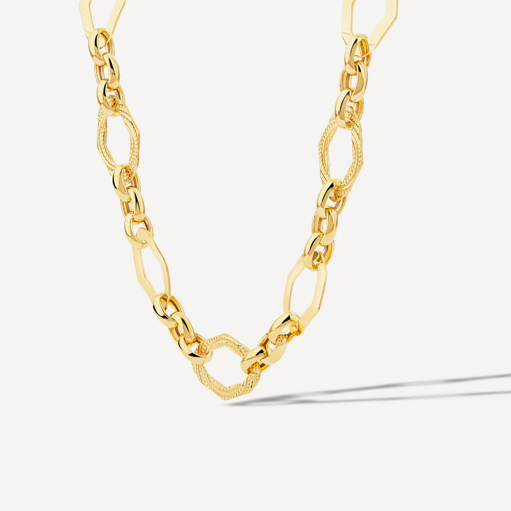 Yellow Gold Plated Sterling Silver Open Oblong Polished & Patterned Hexagons Necklet image number 1