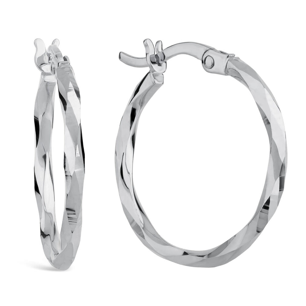 9ct White Gold Mirror Diamond Cut Twist Ladies Hoop Earrings