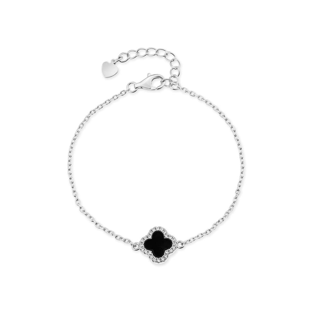 Sterling Silver Black Centre Cubic Zirconia Set Clover Petal Bracelet image number 0