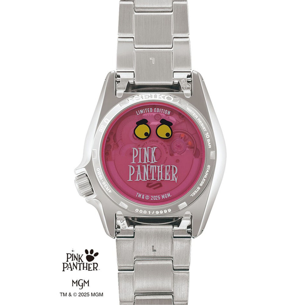 Seiko 5 Sports x Pink Panther Limited Edition 38mm Pink Dial Steel Bracelet Watch image number 2