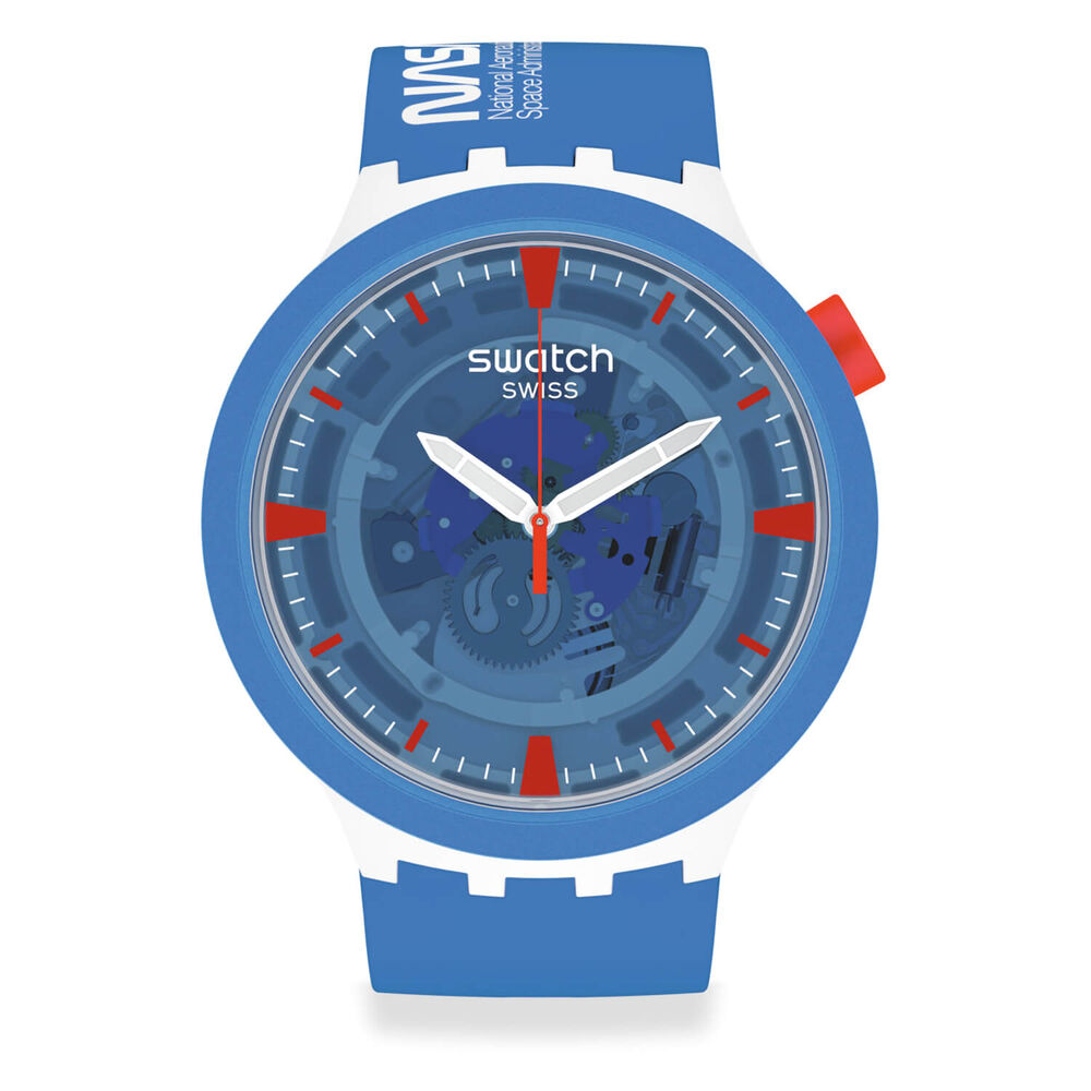 Swatch Big Bold Jumpsuit NASA Transparent Blue Dial Blue Strap Watch