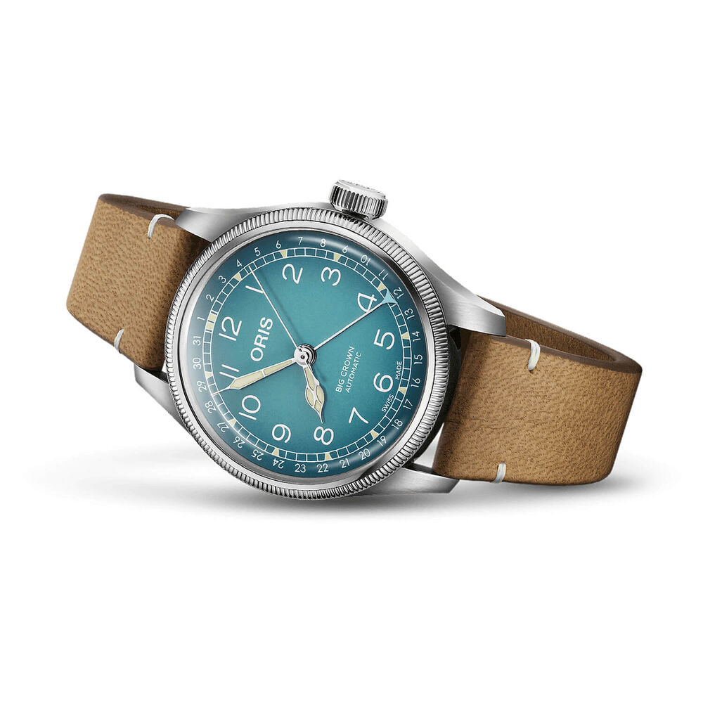 Oris Big Crown 38mm Light Blue Dial Steel Case Tan Strap Watch