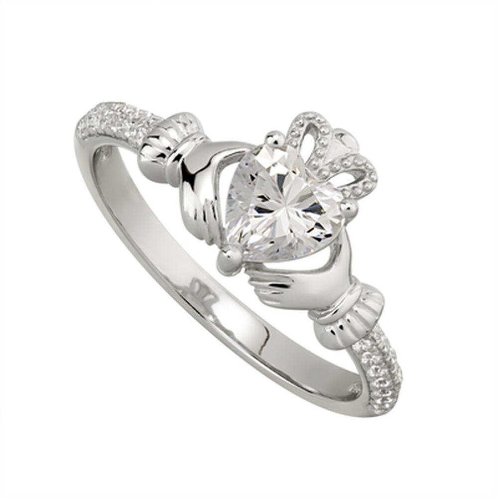Sterling Silver Claddagh Birthstone April Cubic Zirconia Shoulder Set Ring