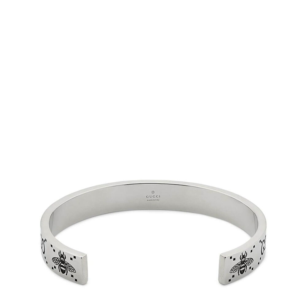 Gucci Signature Silver Bee-Motif Interlocking 9mm Cuff Bracelet (Size 20)
