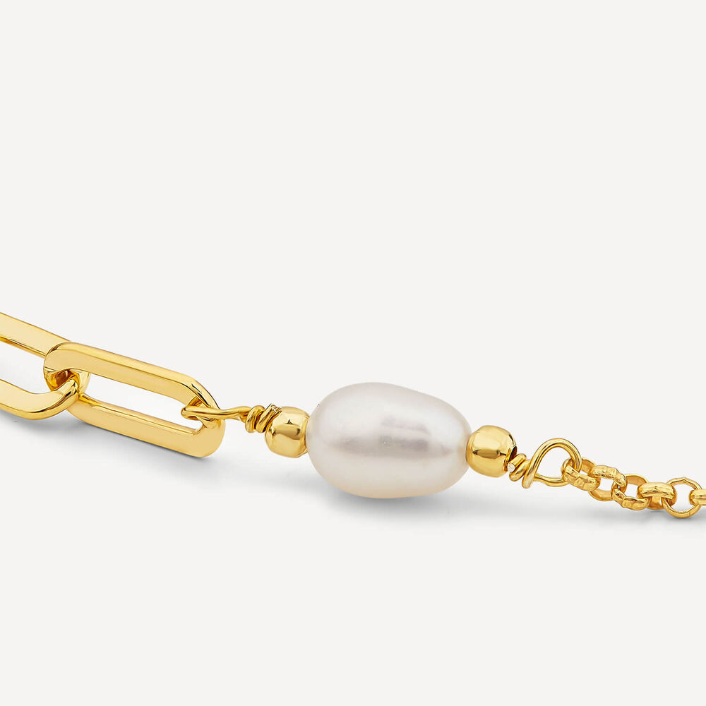Yellow Gold Plated Sterling Silver Stationed Pearl Paperlink Bracelet image number 2