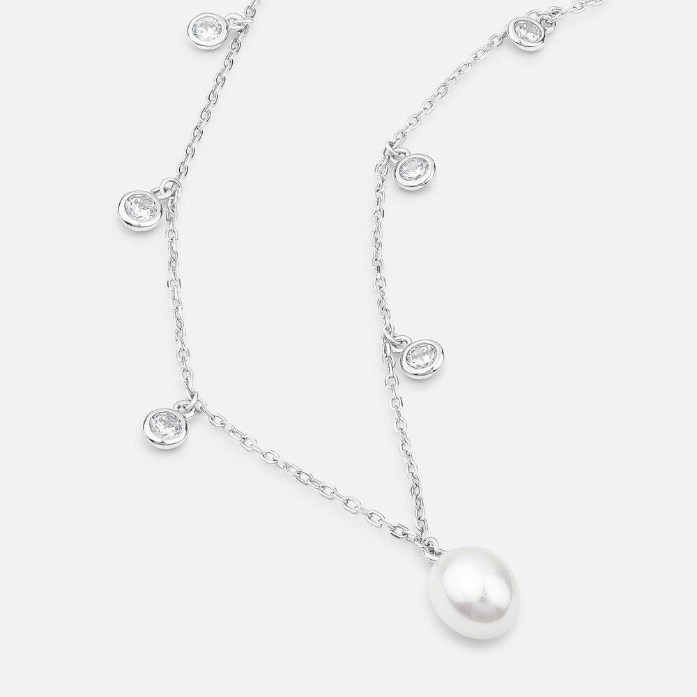 Sterling Silver Freshwater Pearl & Cubic Zirconia Droplets Necklet