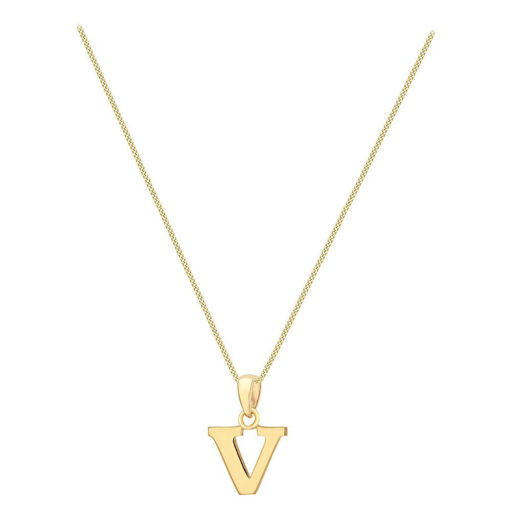 9ct Yellow Gold Plain Initial V Pendant  (Chain Included) image number 1