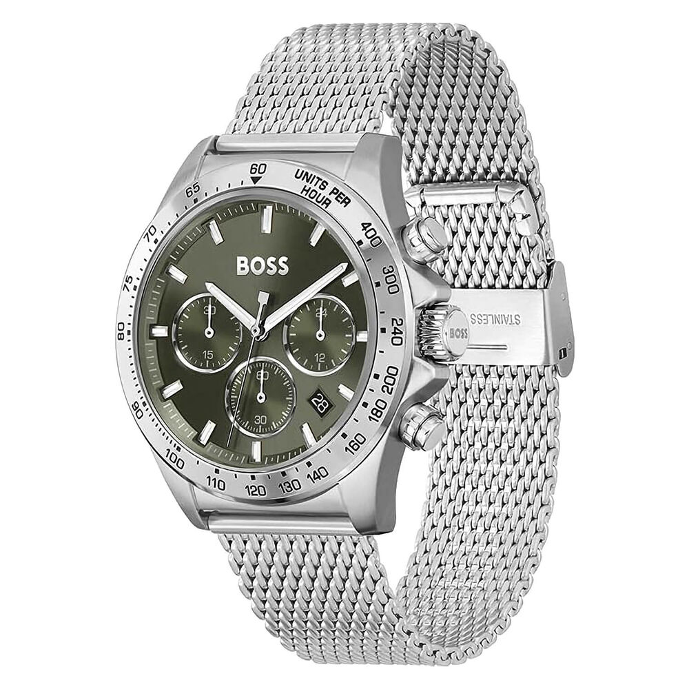 BOSS Hero 43mm Green Chronograph Dial Steel Case Mesh Bracelet Watch