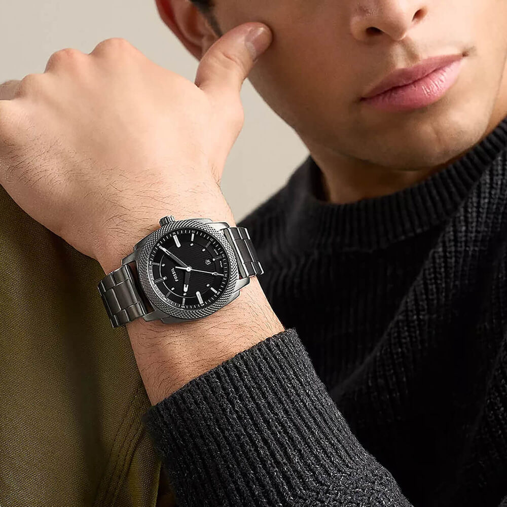 Fossil Machine 41mm Black Dial Smoke Steel Bracelet Watch