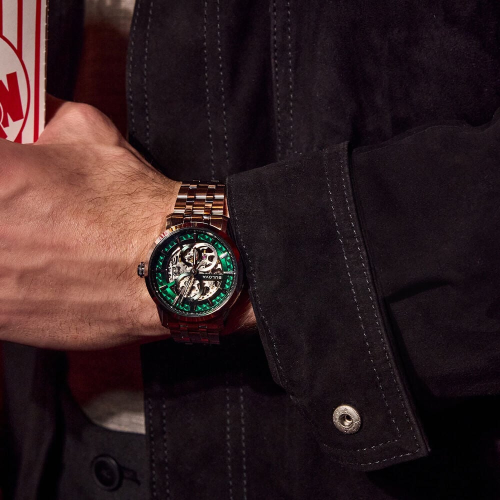 Bulova Sutton Automatic 43mm Green Skeleton Dial Steel Bracelet Watch