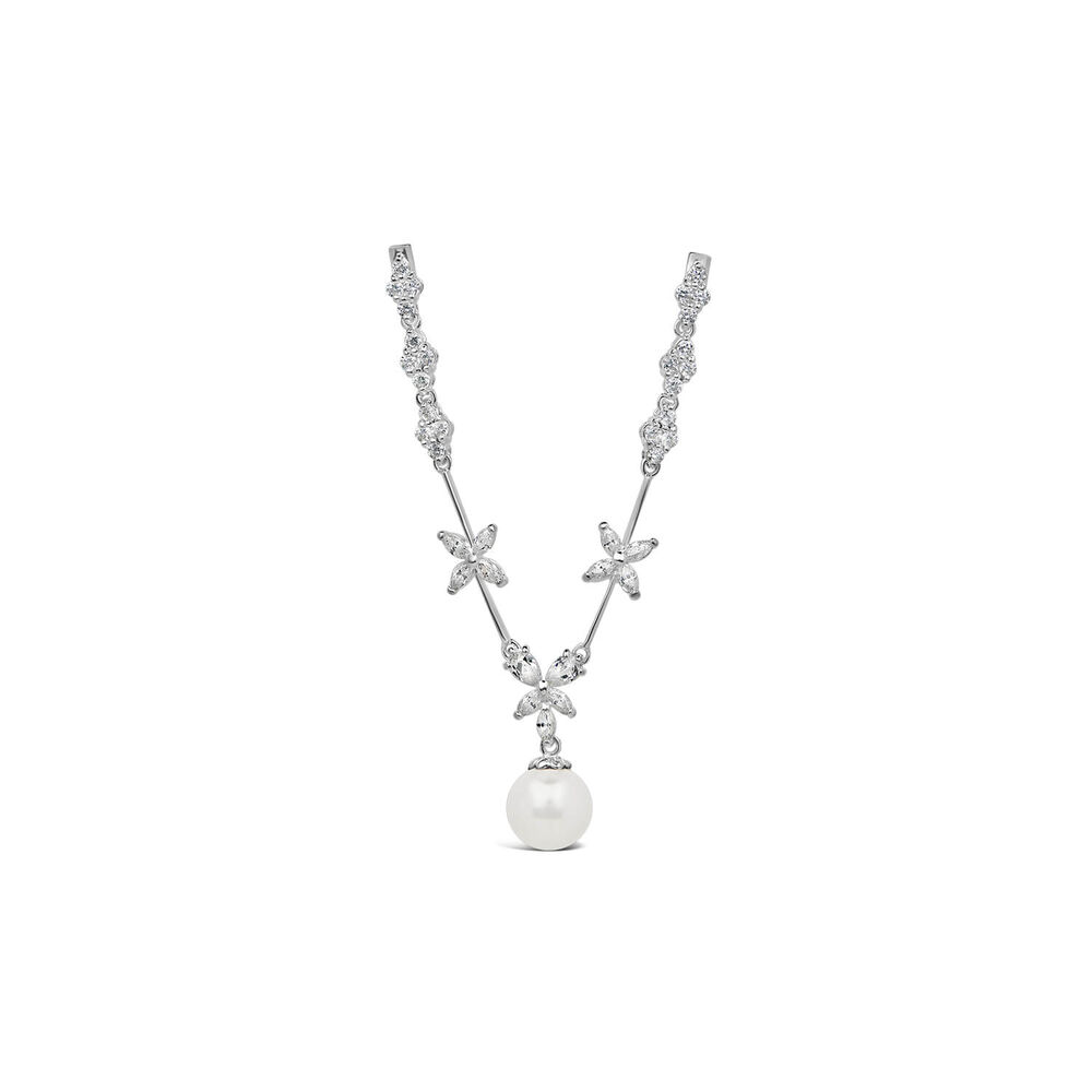 Sterling Silver Cubic Zirconia Flower and Cubic Zirconia Cluster Pearl Drop Necklet image number 0