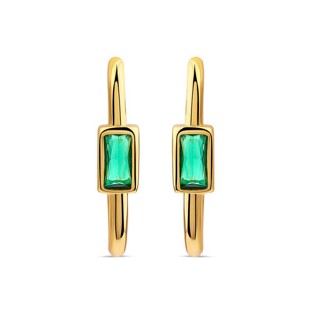 Yellow Gold Plated Sterling Silver Green Stone Rectangular Hoop Earrings