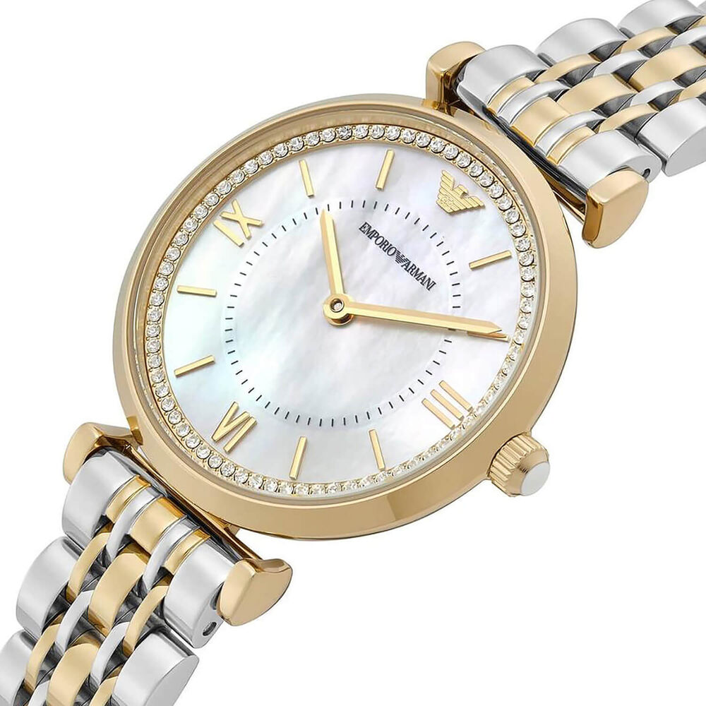 Emporio Armani 32mm MOP Dial Two Tone Steel Bracelet Watch & Gold Tone Bracelet Gift Set