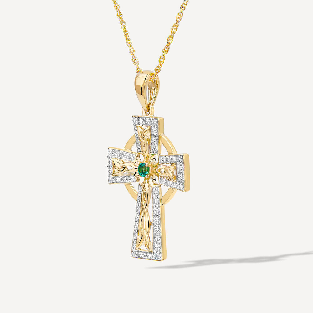 14ct Yellow Gold Diamond & Emerald Celtic Cross Pendant