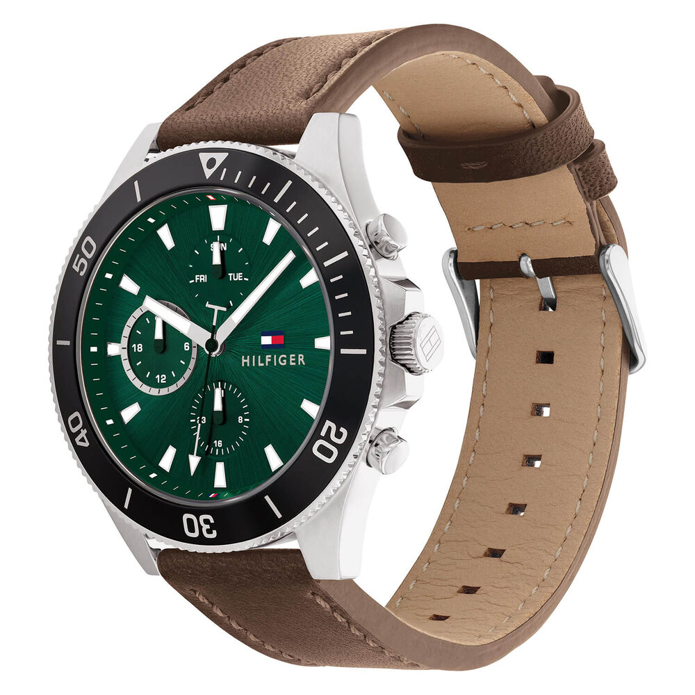 Tommy Hilfiger 46mm Stainless Steel Case Green Dial Brown Leather Strap Watch