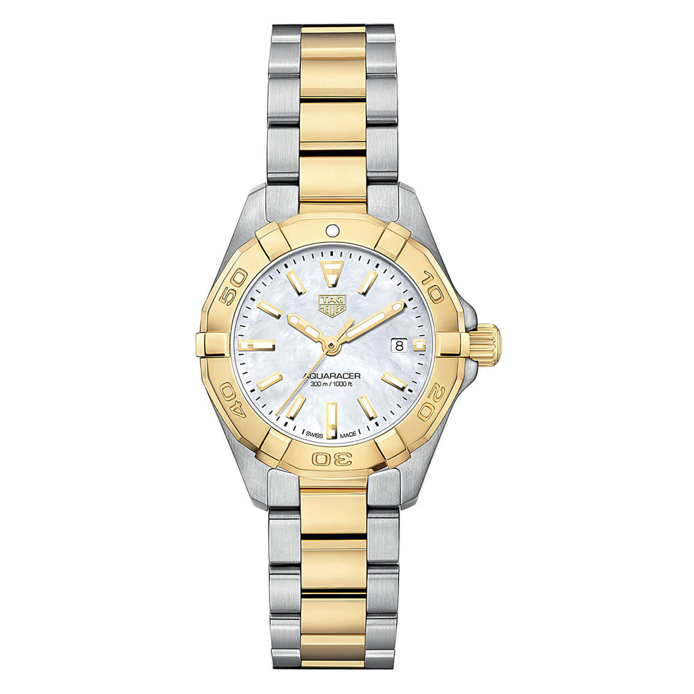 TAG Heuer Aquaracer 300M 27mm Mother Of Pearl Dial Yellow Gold Plate Steel Case Bracelet Watch image number 0