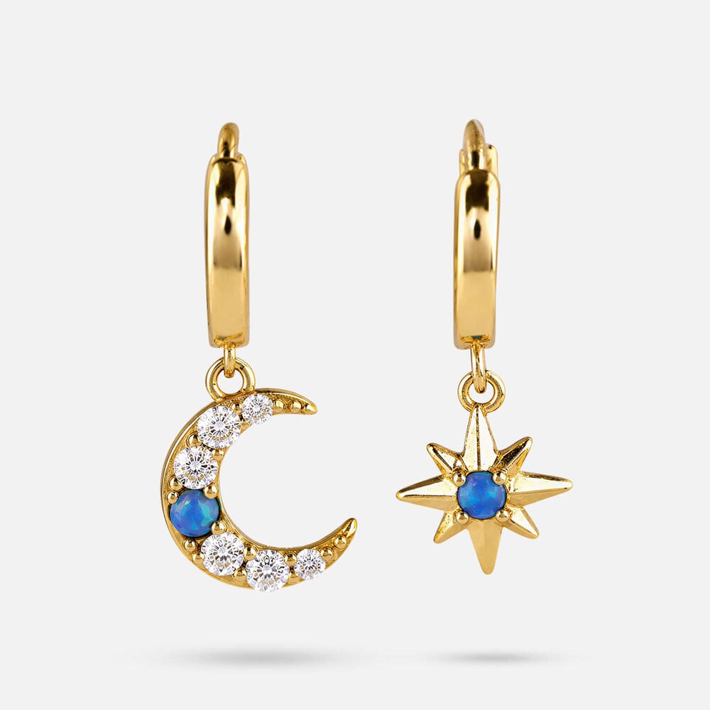 Yellow Gold Plated Sterling Silver Moon & Star Mixed Pair Drop Earrings