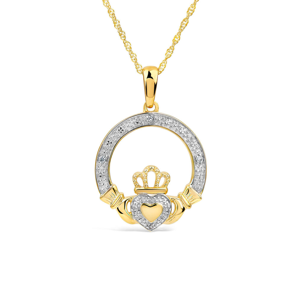 14ct Yellow Gold Diamond Claddagh Pendant image number 0