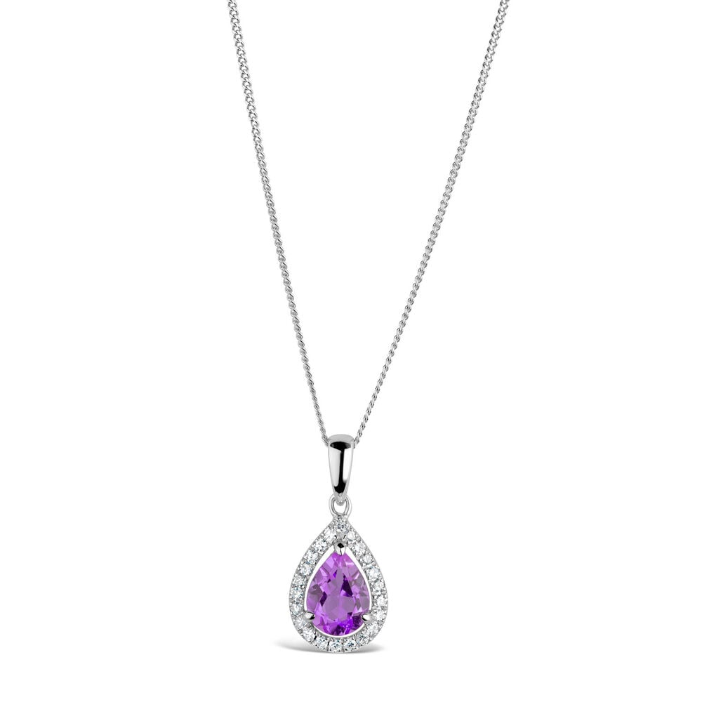 9ct White Gold 0.10ct Diamond and Amethyst Pear Drop Pendant image number 0