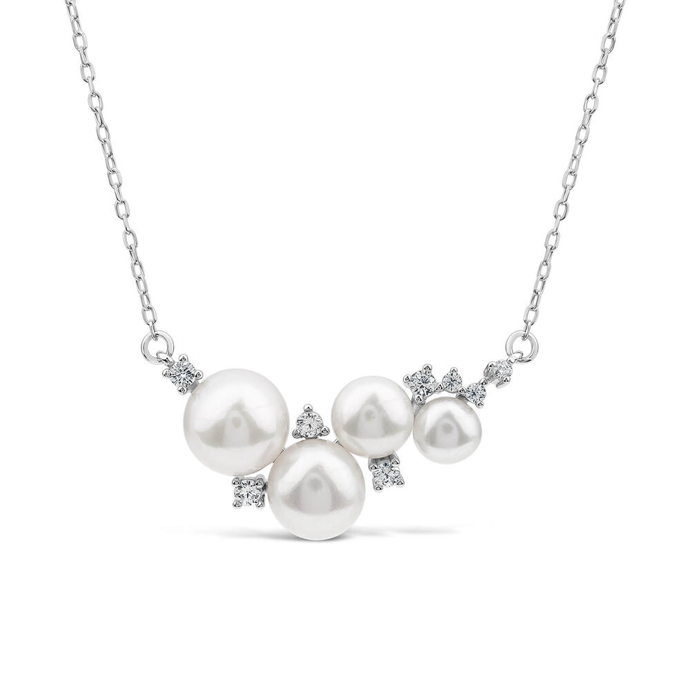 Sterling Silver Pearl & Cubic Zirconia Cluster Necklet image number 0