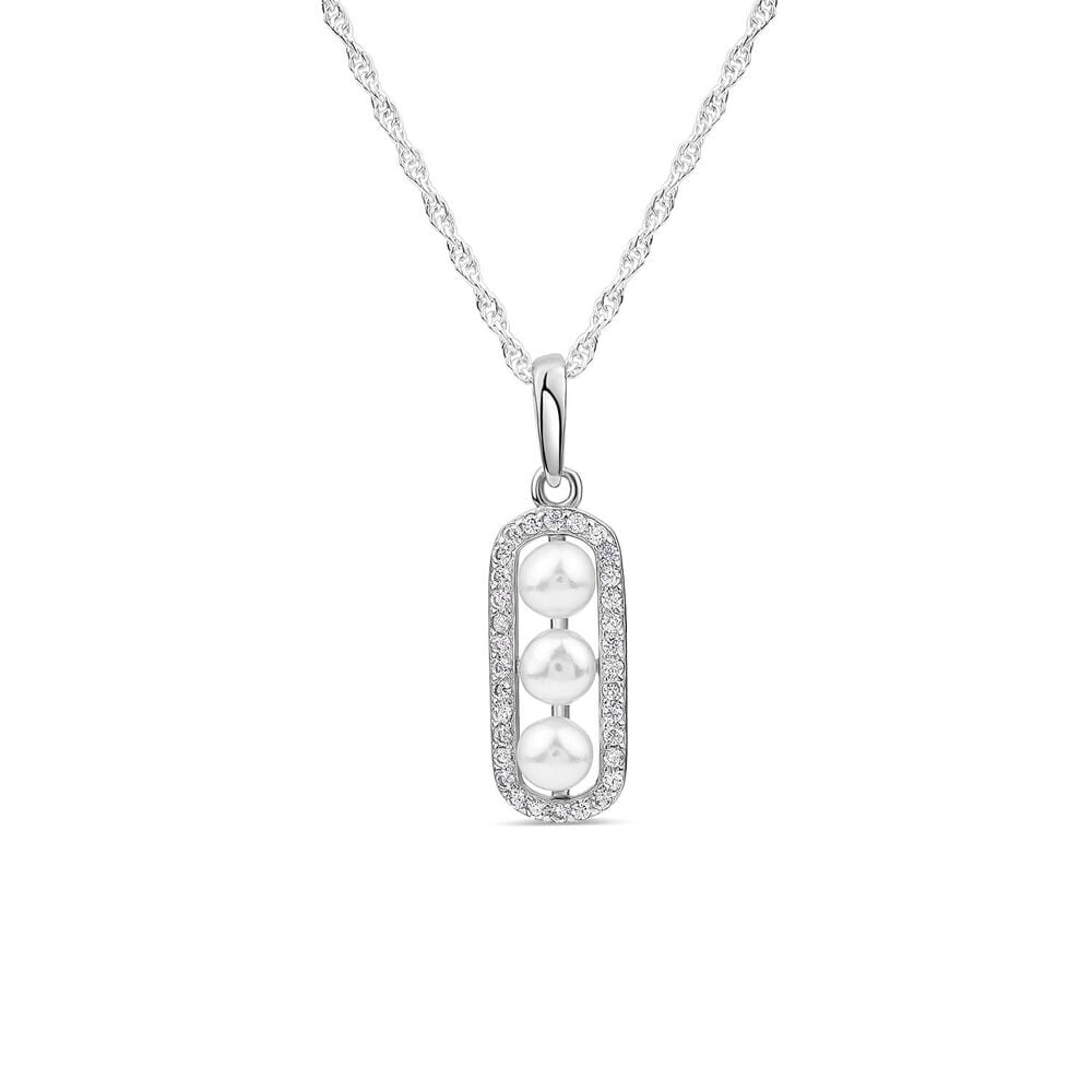 Sterling Silver Three Pearl Centre Cubic Zirconia Rectangle Pendant