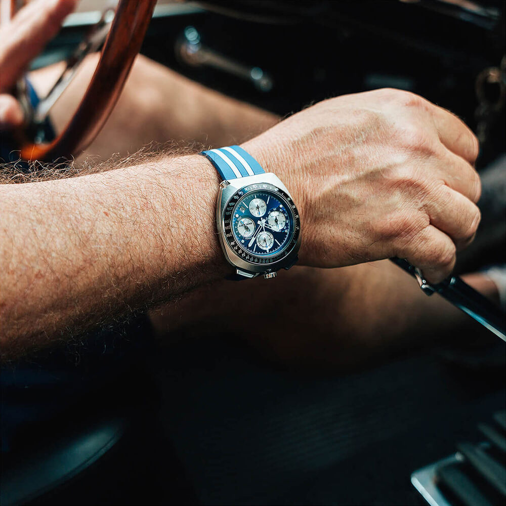 Bulova Shelby Racing Chronograph 43mm Blue Dial Striped Rubber Strap Watch image number 11