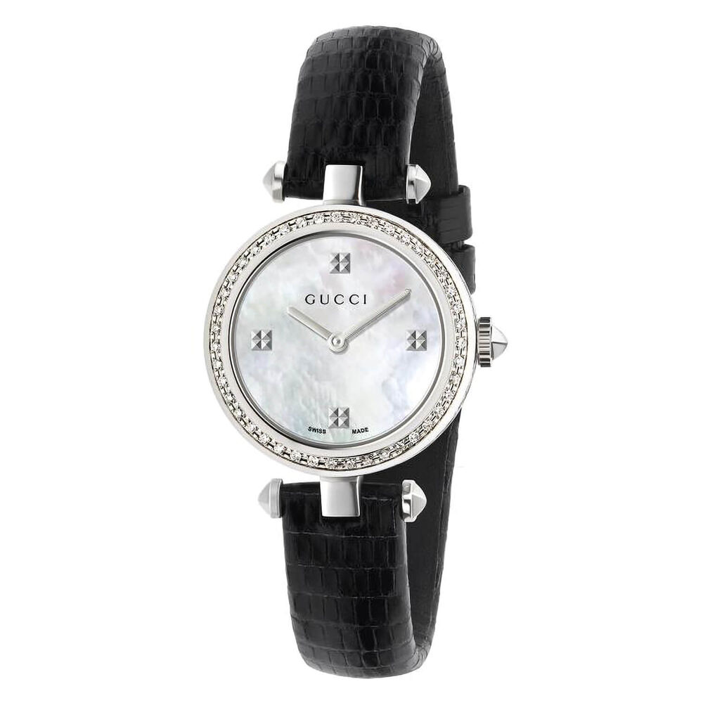 Pre-Owned Gucci Diamantissima 27mm MOP Dial Diamond Black Leather Strap Watch