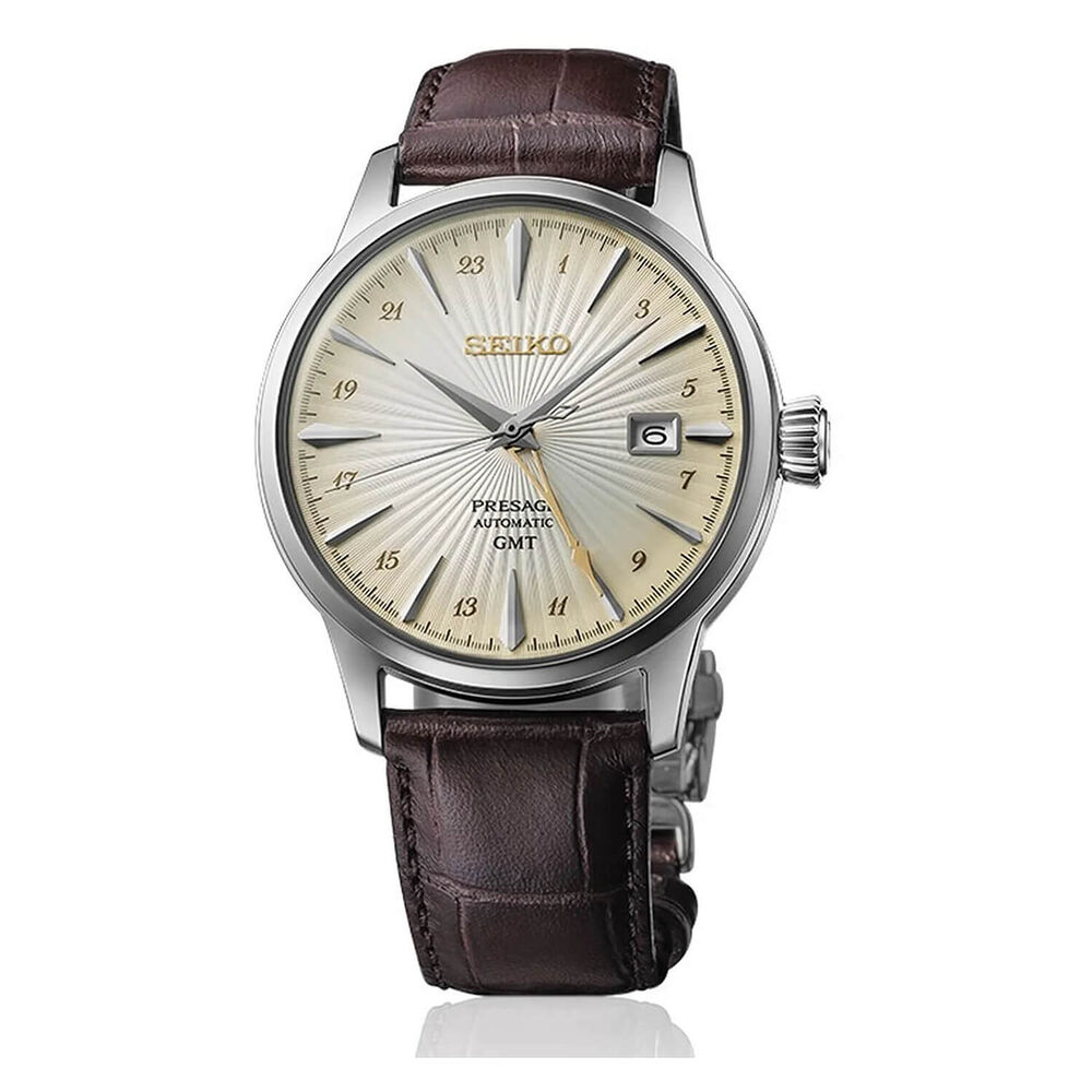 Seiko Presage Cocktail Time 'Acacia' GMT 40.5mm Gradation Yellow Dial Brown Leather Strap Watch image number 0