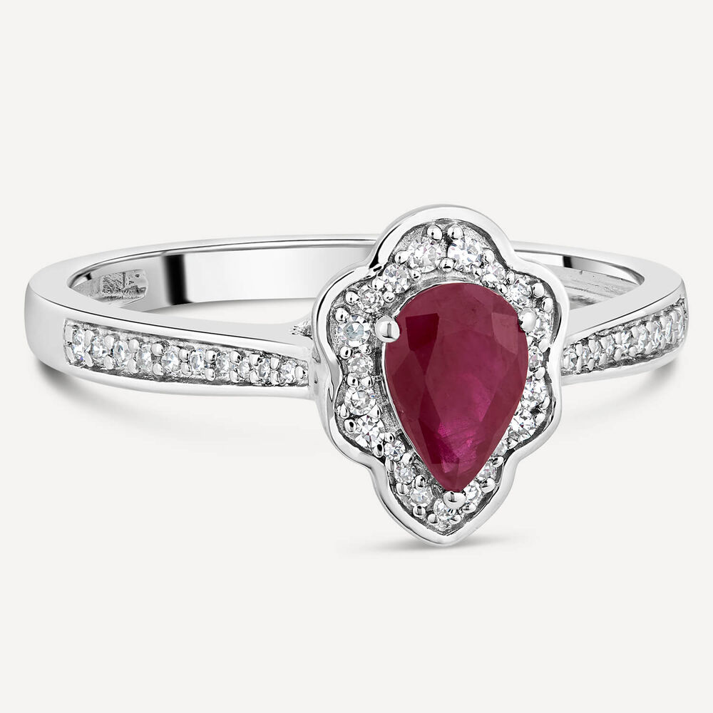9ct White Gold Pear Ruby Fancy Diamond Halo Diamond Shoulders 0.09ct Ring image number 2