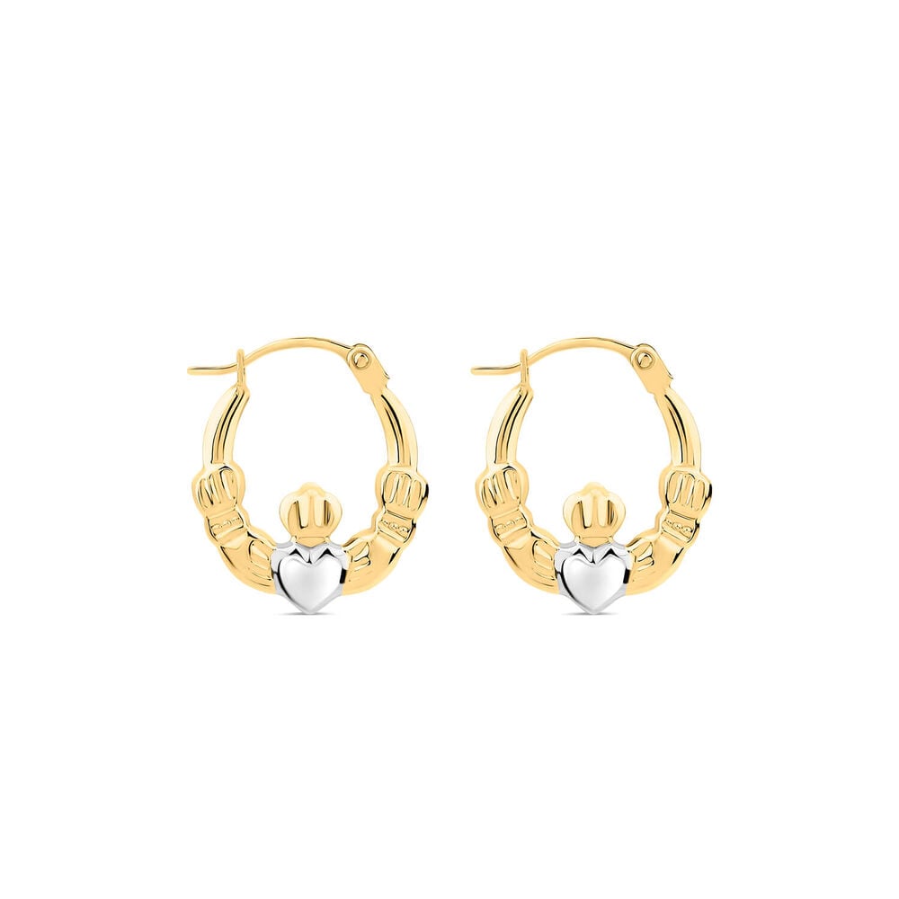 9ct Yellow Gold Small Claddagh Silver Heart Creole Hoop Earrings