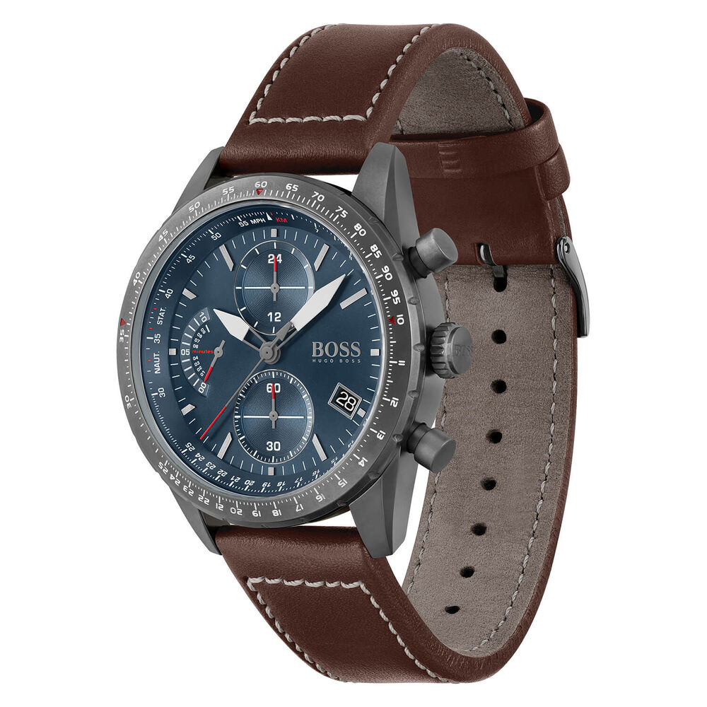 BOSS Pilot Chronograph 44mm Blue Dial Gray IP Case Brown Strap Watch