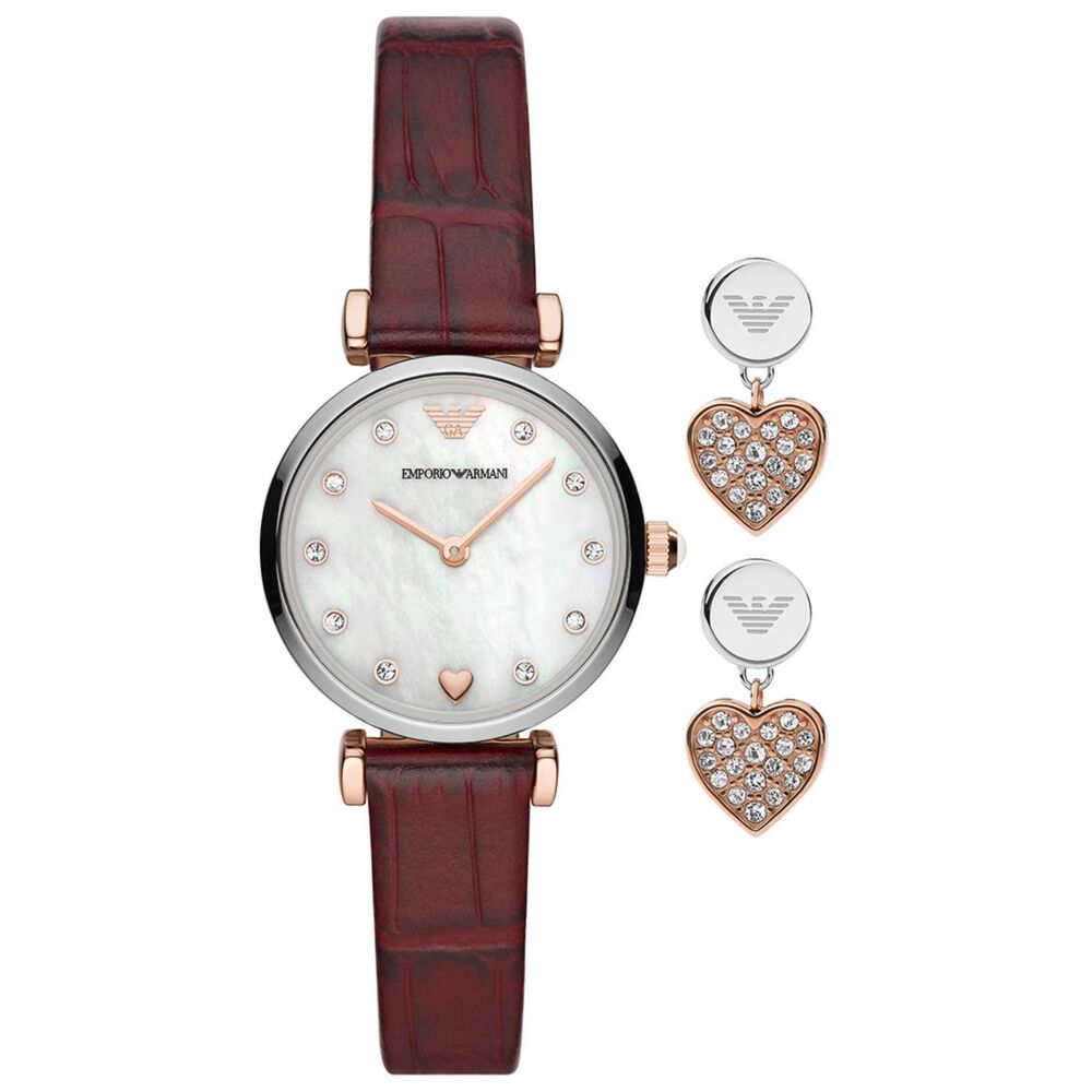 Emporio Armani Gianni T-Bar 28mm Mother of Pearl Dial Red Strap Heart Earrings Set