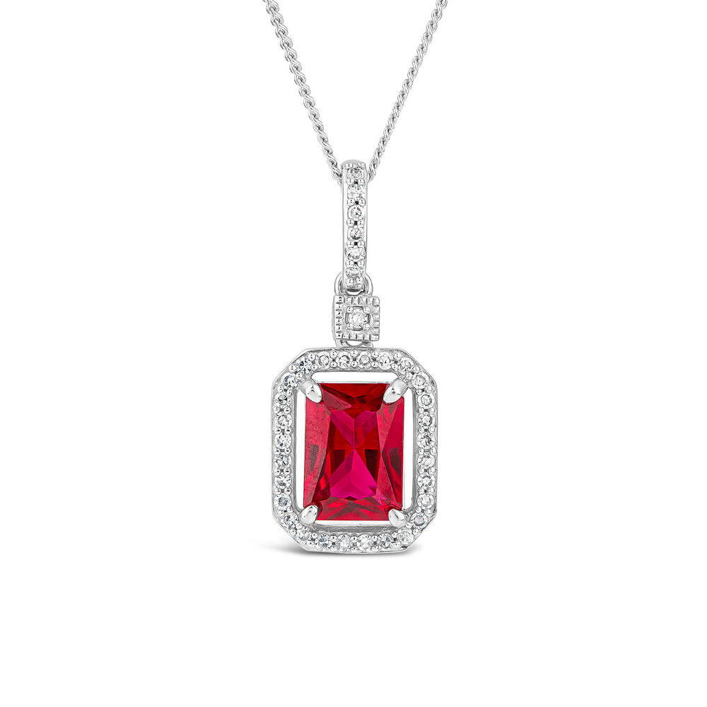 9ct White Gold Rectangular Created Ruby & Diamond Cluster Bale Pendant
