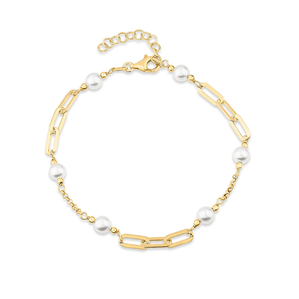 Yellow Gold Plated Sterling Silver Stationed Pearls Paperlink Bracelet