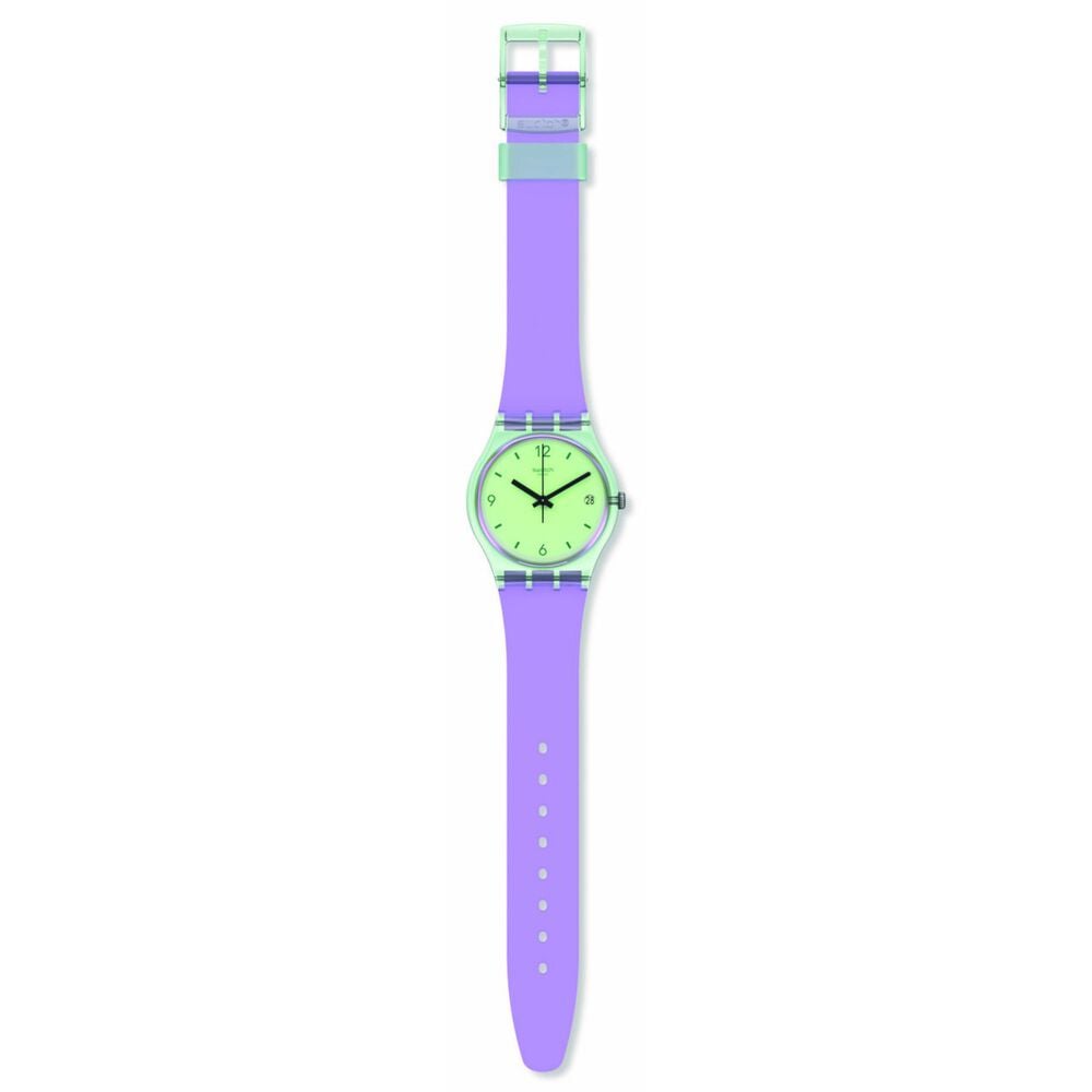 Swatch Mystic Sunrise 34mm Green Dial Purple Bracelet Watch