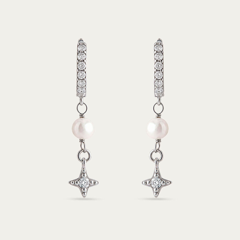 Sterling Silver Pearl & Cubic Zirconia Star Huggie Earrings