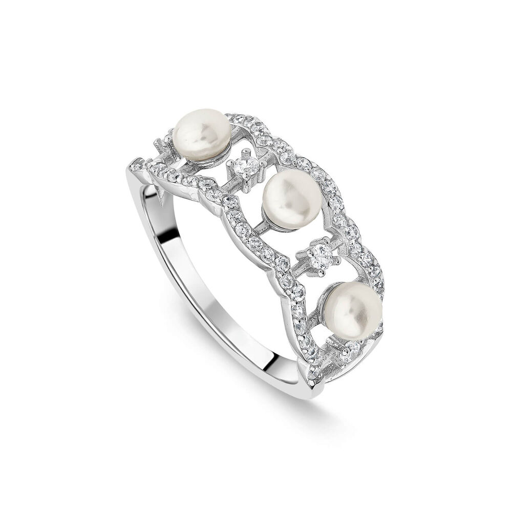 Sterling Silver 4.5-5mm Pearl & Cubic Zirconia Wave Ring image number 0