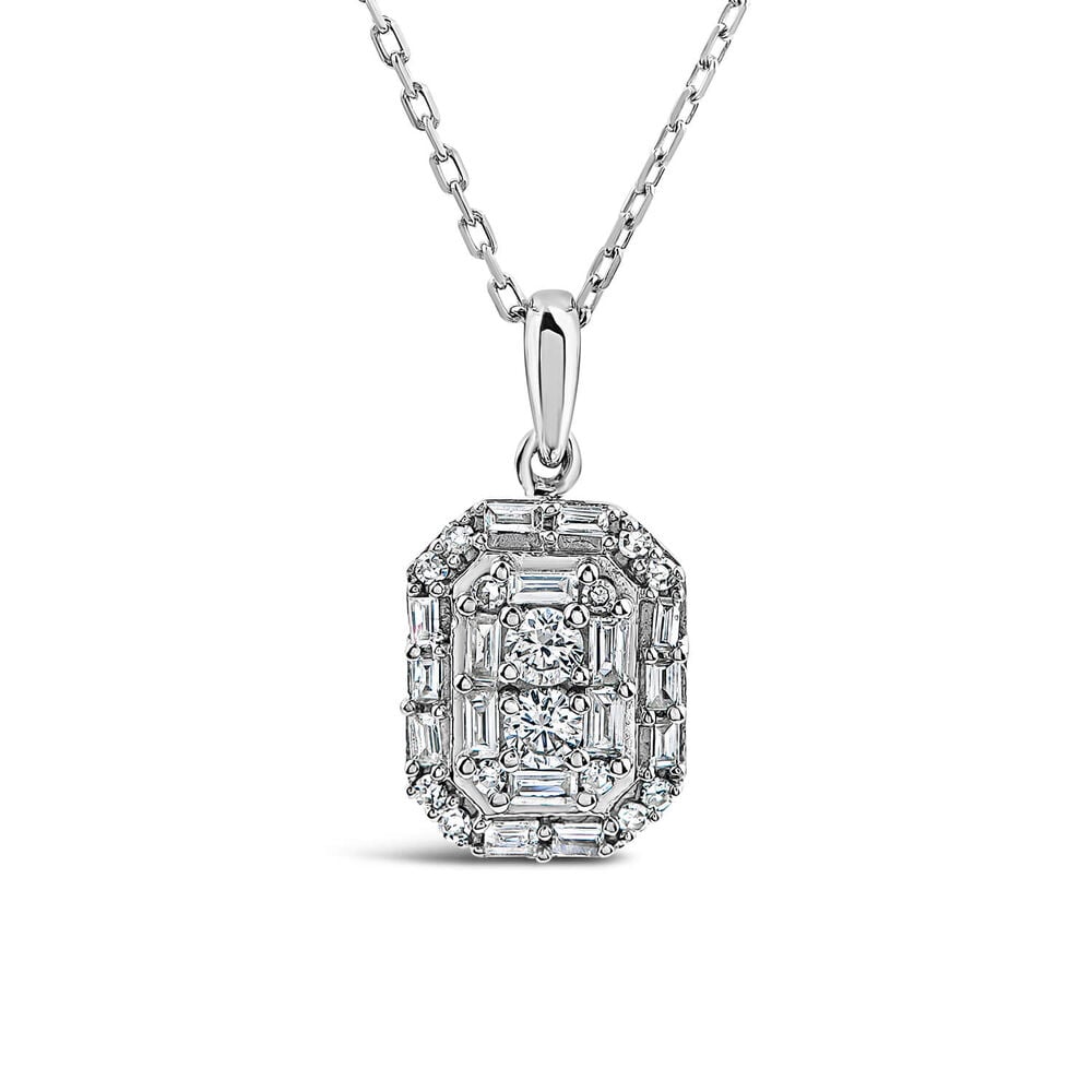 9ct White Gold 0.20ct Octagonal Baguette & Round Cluster Diamond Pendant image number 0