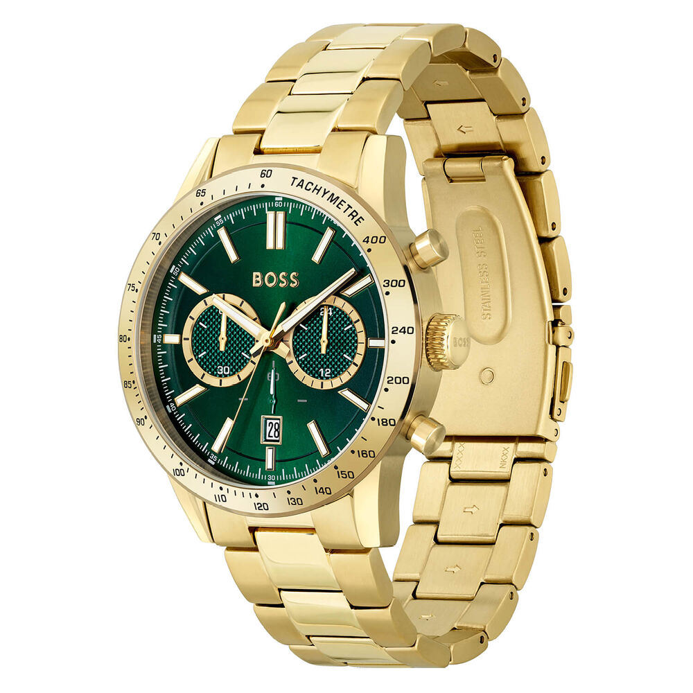 Hugo Boss Allure Chronograph 44mm Quartz Green Dial Yellow Gold IP Case Bracelet Watch