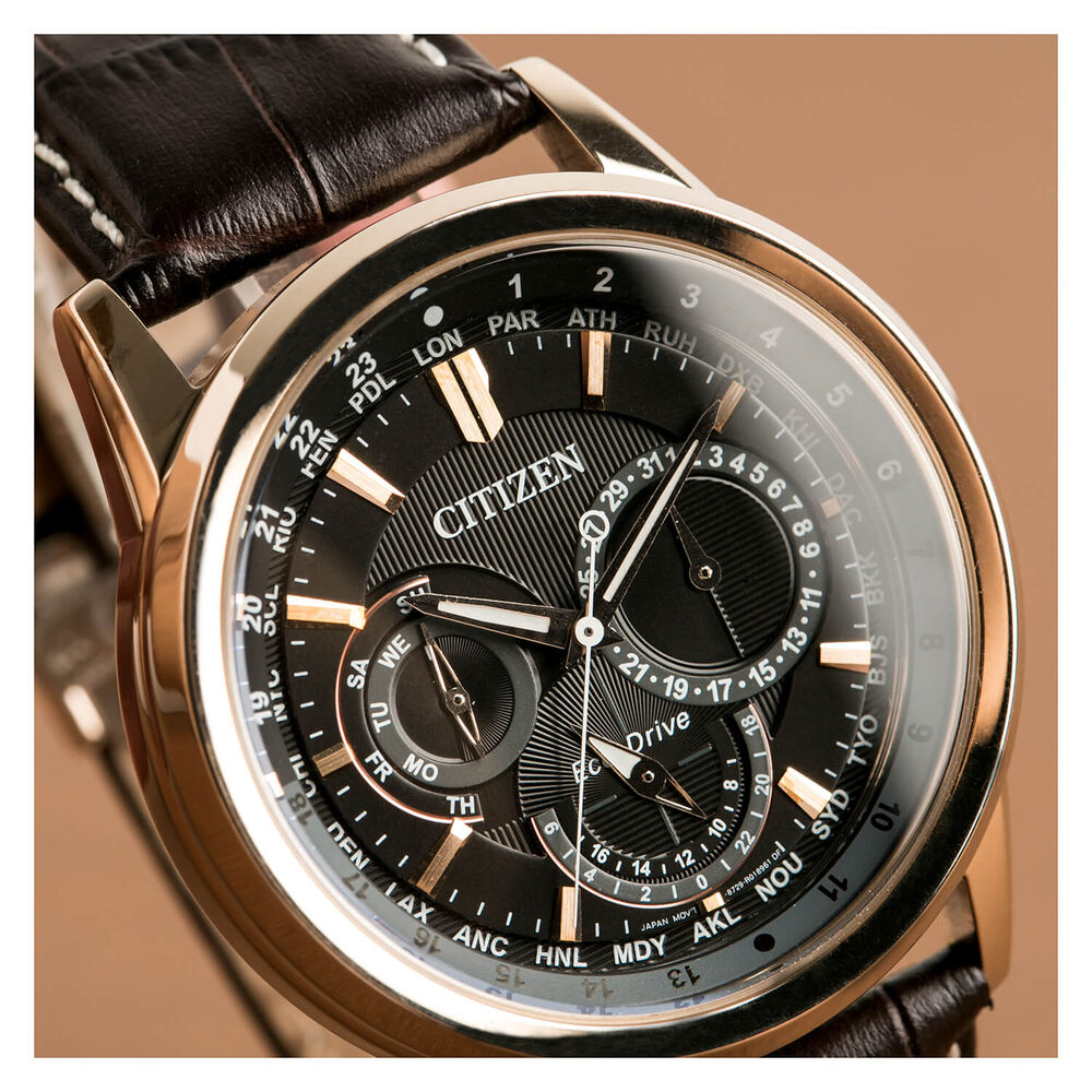 Citizen Eco Drive Calendrier World Time Black & Rose Gold Chronograph Dial Leather Brown Strap Watch