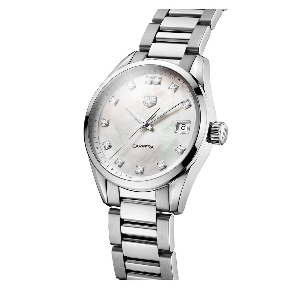 Pre-Owned TAG Heuer Carrera 36mm Quartz White Mother of Pearl Dial Steel Bracelet Watch image number 2