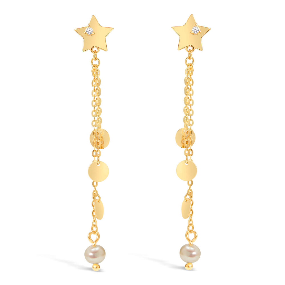 9ct Yellow Gold Star Pearl and Disc Drop Earrings