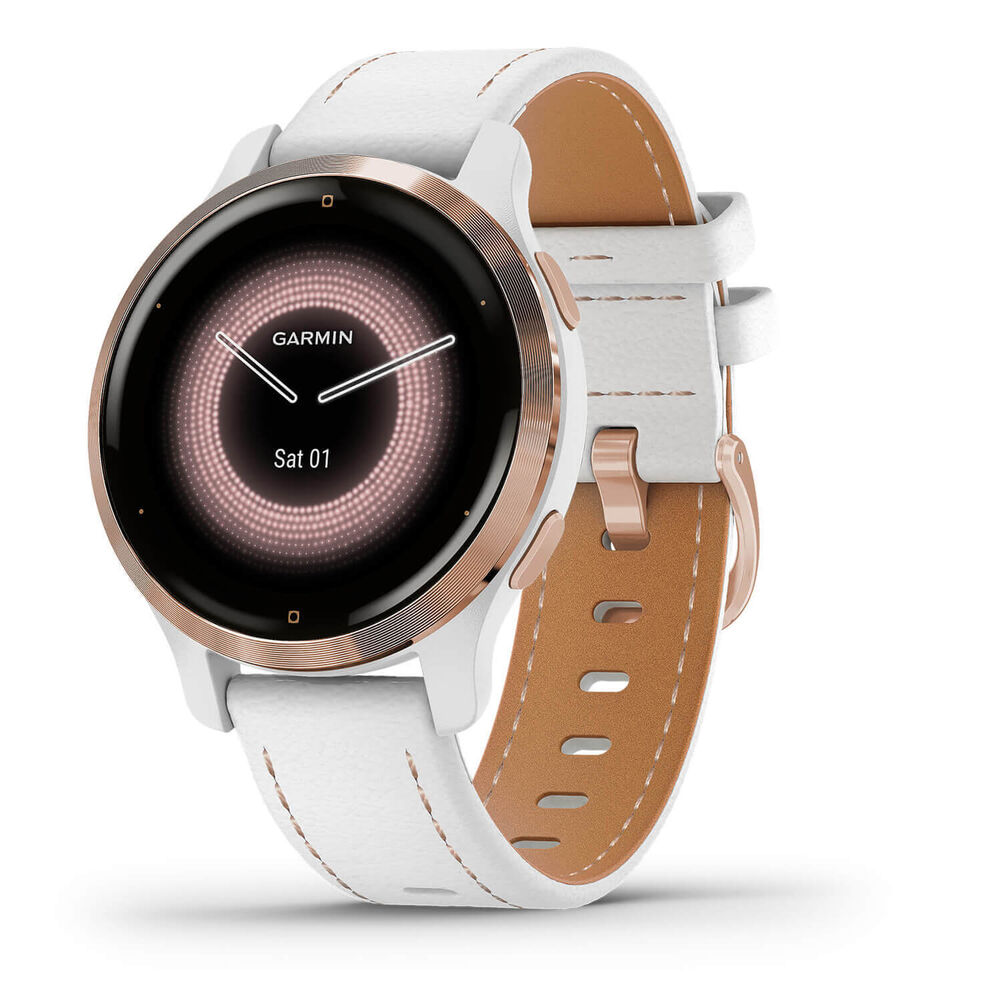 Garmin Venu 2S Rose Gold White Case White Leather Strap Watch