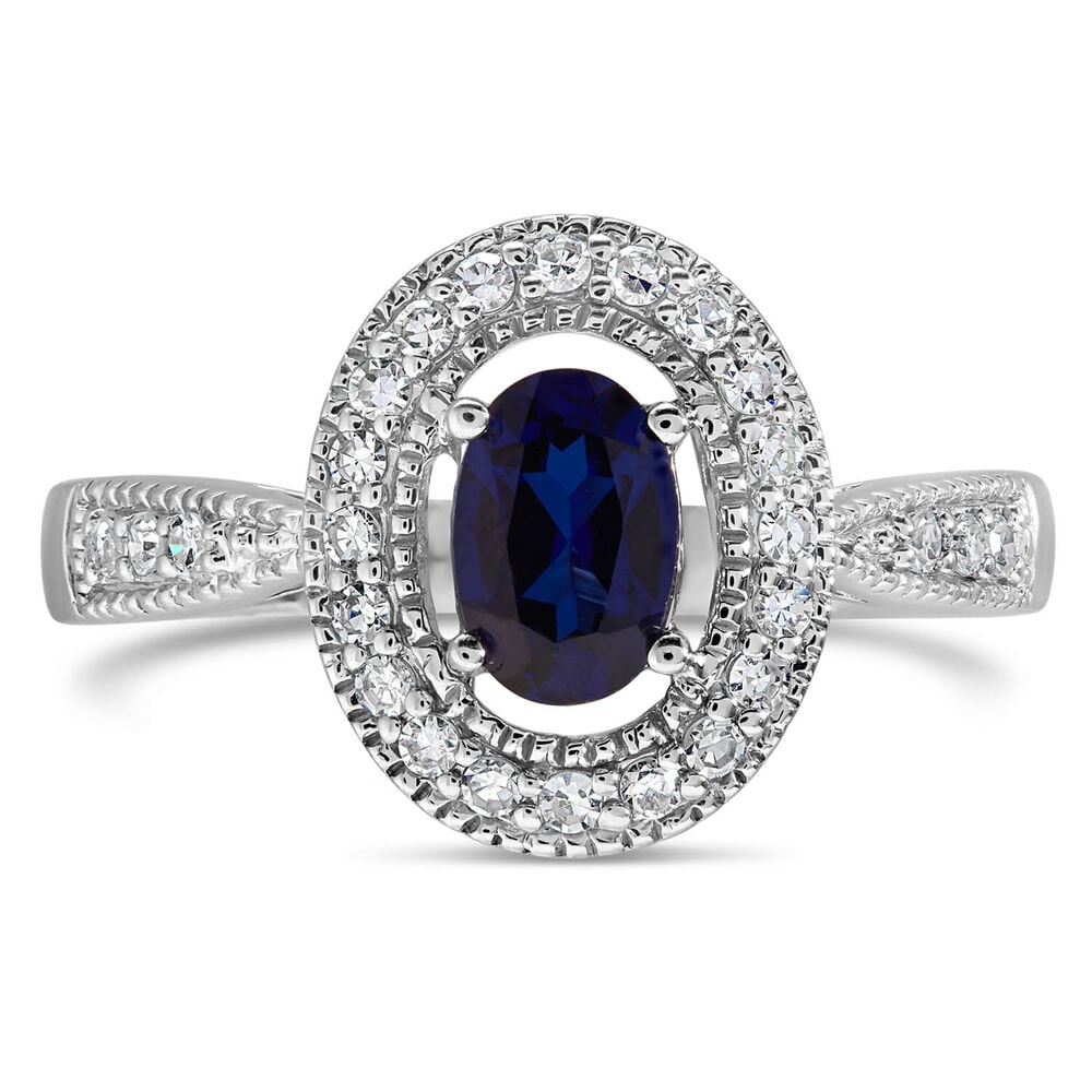 9ct White Gold Claw & Pave 0.17ct Diamond & Created Sapphire Halo Ladies Ring