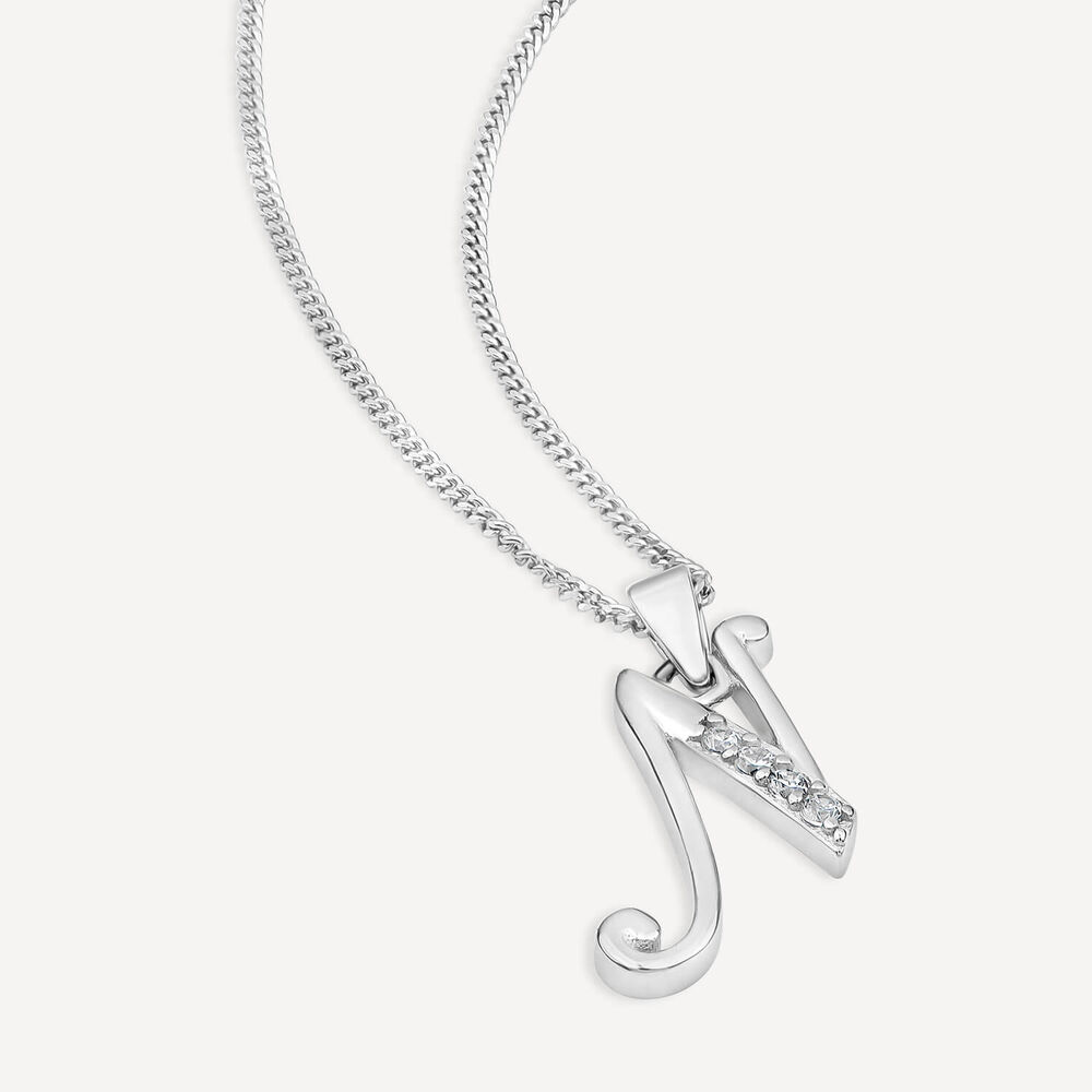 Sterling Silver Script Cubic Zirconia Initial N Pendant image number 2